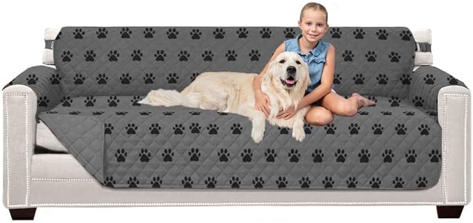 Sofa Shield® Couch Slip Covers for Dogs, Reversible Furniture Protector with Strap, Stain and Tear Resistant Cushion Cover, 78 inch Seat, Machine Washable Slipcover Pets, Cats, Paw Gray Black