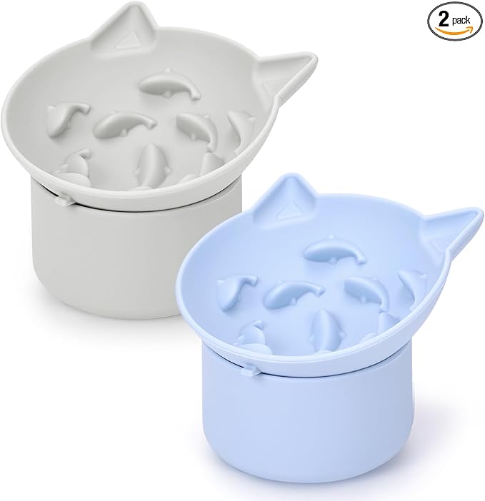 Funnymoom 2 Pack Silicone Cat Slow Feeder, Elevated Slow Feeder Cat Bowl for Dry and Wet Food, Tilted Design with Non Slip Base, Adjustable Angle for Pet(Gray and Blue)