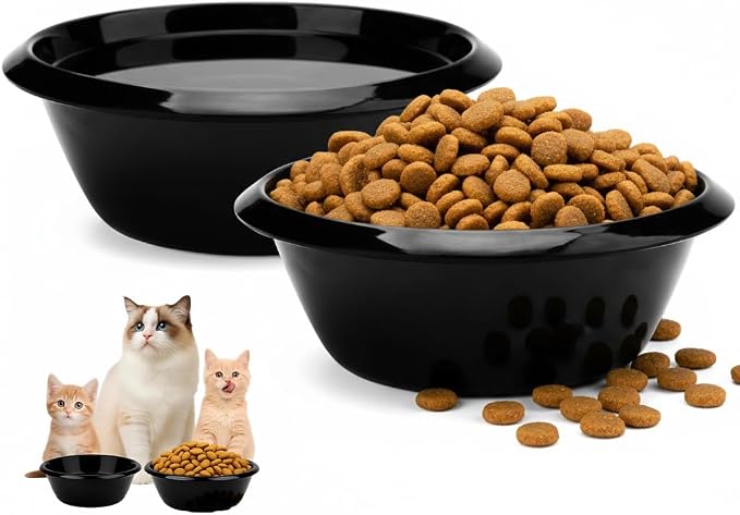 2PCS Cat Bowls Pet Feeding Dish 6.3 Inch, Wide Pet Bowl Pet Feeding Bowl for Indoor Cats, Replacement Food and Water Bowl, Wide Shallow Feeder Bowls for Kitten, Puppy, Rabbit (Black)