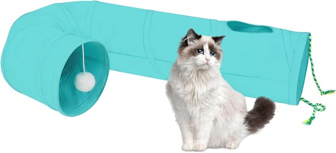 Cat Tunnel, 2-Way Collapsible Cat Tube with Interactive Peek-A-Boo Hole, Toy Ball, and Rope – Ideal for Indoor Cats, Kittens, and Rabbits (Light Blue)