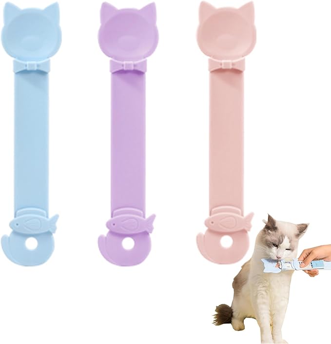 Cat Treat Squeeze Spoons Set of 3 Colors - No Mess Lickable Treat Feeder for Popular Squeeze Tubes & Strips, Anti-Bite, Prevents Waste, 3 Colors