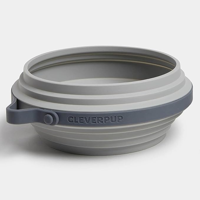 Cleverpup Nomad Large Collapsible Travel Dog Bowl - 4 Cup BPA-Free Silicone for Medium & Large Dogs, Portable, Food & Water, Dishwasher Safe - Grey Silicone