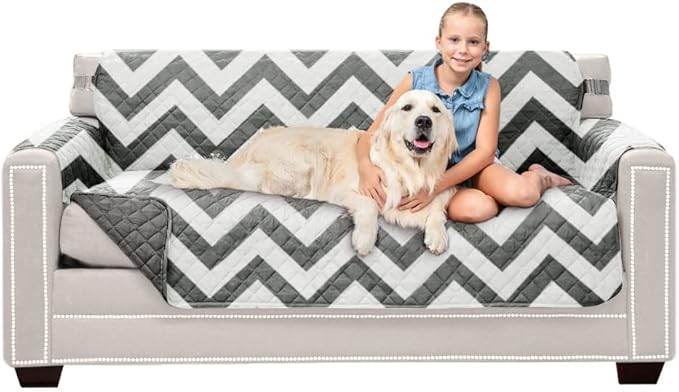 Sofa Shield® Couch Slip Covers for Dogs, Reversible Furniture Protector with Strap, Stain and Tear Resistant Cushion Cover, 62 inch Seat, Machine Washable Slipcover Pets, Cats, Chevron Gray