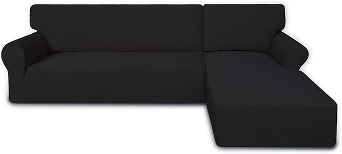 PureFit Super Stretch Sectional Couch Covers - 2 pcs Non Slip Sofa Covers with Elastic Bottom for L Shape Sectional Sofa Couch, Great for Kids & Pets (3 Seat Sofa + 3 Seat Chaise, Black)