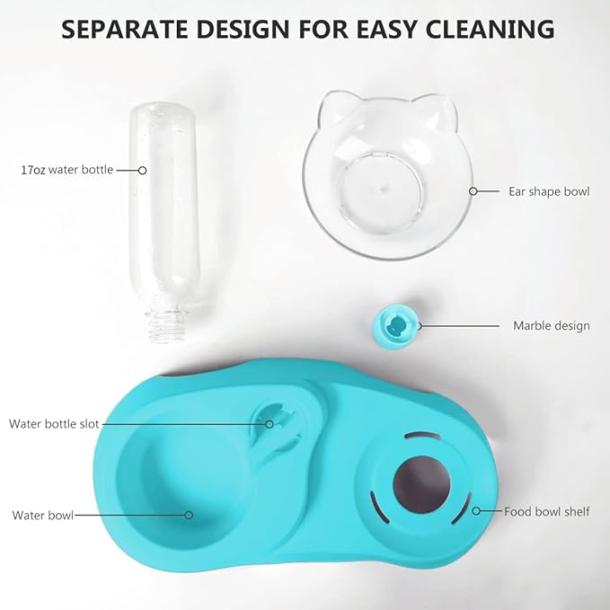 MILIFUN Double Dog Cat Bowls - Pets Water and Food Bowl Set, 15°Tilted Water and Food Bowl Set with Automatic Waterer Bottle for Small or Medium Size Dogs Cats