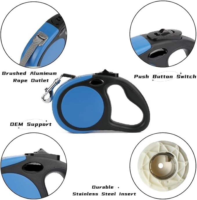 Dual Retractable Dog Leash for Large Dogs (Up to 110 Lbs Each) - Double Headed 18.5 ft Extendable Pet Leash with Poop Bags, Non Slip Grip - One Button Break & Lock, 360 Tangle-Free (Blue, Large)