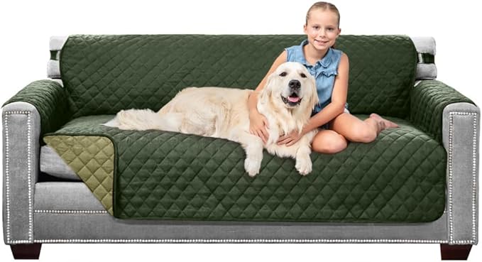 Sofa Shield® Couch Slip Covers for Dogs, Reversible Furniture Protector with Strap, Stain and Tear Resistant Cushion Cover, 70 inch Seat, Machine Washable Slipcover Pets, Cats, Hunter Green Sage