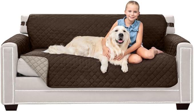 Sofa Shield® Couch Slip Covers for Dogs, Reversible Furniture Protector with Strap, Stain and Tear Resistant Cushion Cover, 62 inch Seat, Machine Washable Slipcover Pets, Cats, Chocolate Beige