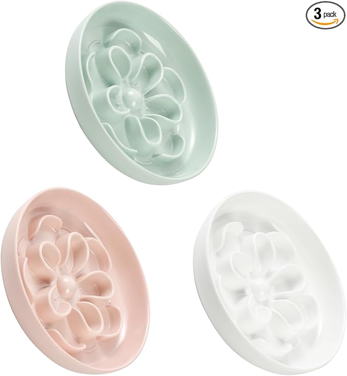 Melamine Cat Slow Feeder Bowl Set - Floral Maze Food Dishes for Cats and Small Dogs - Shallow Wide Plates for Dry & Wet Food - 3 Pack - White & Pink & Green