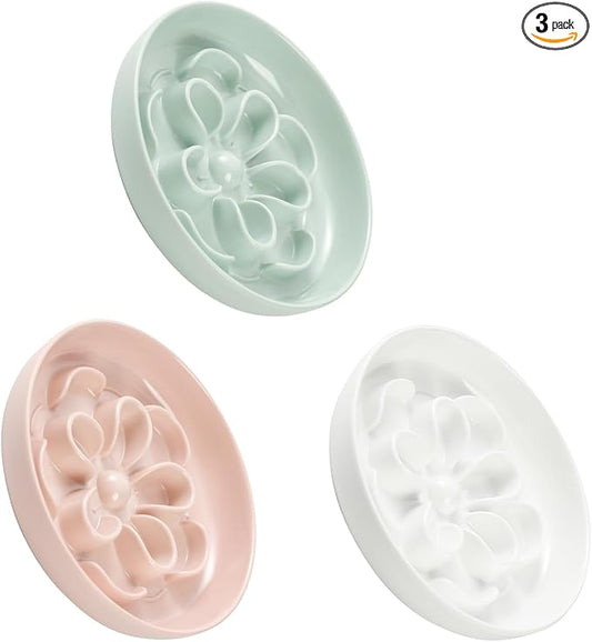 Melamine Cat Slow Feeder Bowl Set - Floral Maze Food Dishes for Cats and Small Dogs - Shallow Wide Plates for Dry & Wet Food - 3 Pack - White & Pink & Green