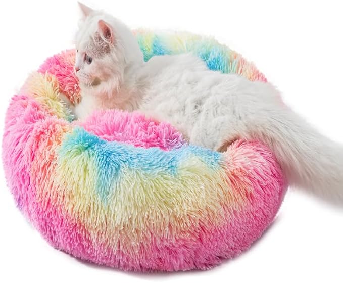 Rainbow Cat Bed for Indoor Cats,Ultra-Soft Plush Calming Kitten Cave Dog Bed,Cama para Gatos Cat Cave Up to 11LB,Soft Washable Anti-Slip Pet Sleeping Bag,17inch