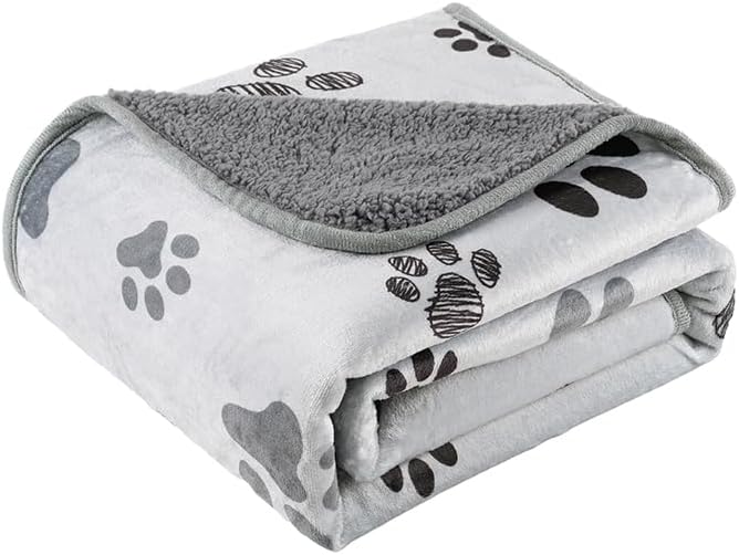 Waterproof Dog Blankets Pet Blanket 60"x80", Soft Fluffy Sofa Car Bed Protector, Reversible Sherpa Fleece Dog Blanket for Large Dogs(Light Grey-Paws)