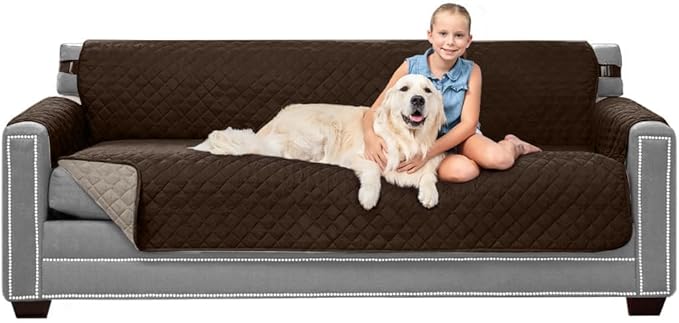 Sofa Shield® Couch Slip Covers for Dogs, Reversible Furniture Protector with Strap, Stain and Tear Resistant Cushion Cover, 78 inch Seat, Machine Washable Slipcover Pets, Cats, Chocolate Beige