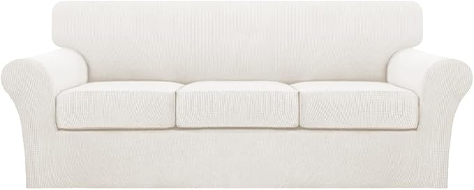 Turquoize 4 Piece Sofa Covers for 3 Cushion Couch Sofa Slipcover Soft Couch Cover for Dogs-Washable Sofa Furniture Cover with 3 Individual Cushion Covers (3 Cushion Sofa, Porcelain White)