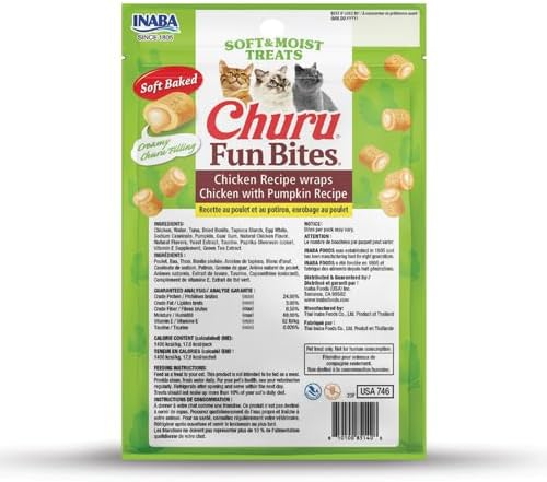 INABA Churu Fun Bites for Cats, Soft & Chewy Baked Chicken Wrapped Filled Cat Treats with Taurine, 0.42 Ounces Each Tetra, 9 Tetras (3 per Bag), Chicken with Pumpkin Recipe