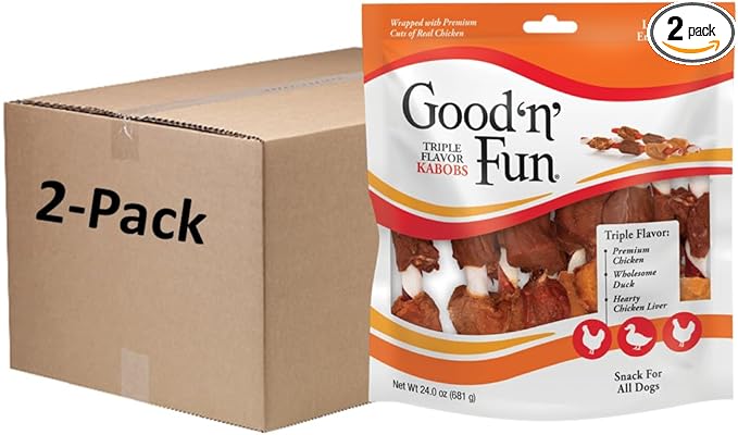 Good'n'Fun Triple Flavored Rawhide Kabobs for Dogs, 24 oz, 36 Count, 2 Pack