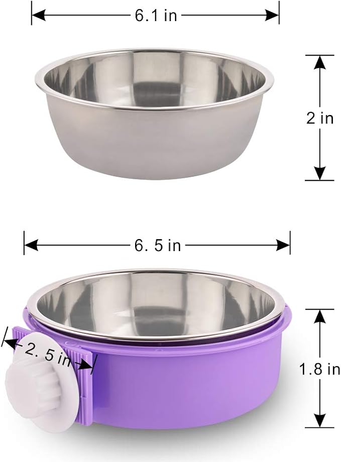 Crate Dog Bowl Removable Stainless Steel Water Food Feeder Bowls Cage Coop Cup for Cat Puppy Bird Pets (Large, Purple)