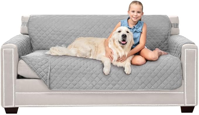 Sofa Shield® Couch Slip Covers for Dogs, Reversible Furniture Protector with Strap, Stain and Tear Resistant Cushion Cover, 62 inch Seat, Machine Washable Slipcover Pets, Cats, Light Gray