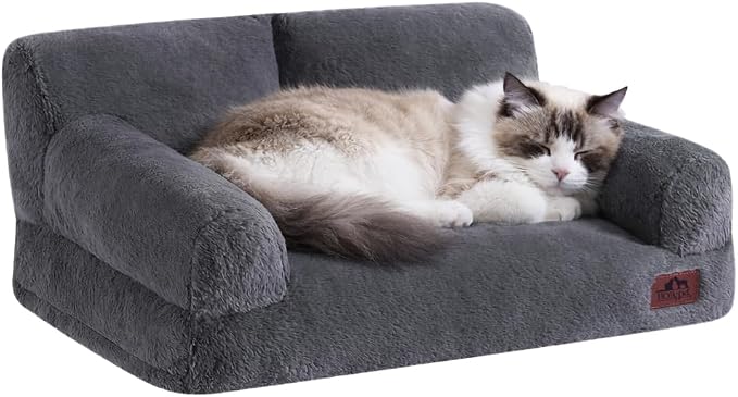 Hollypet Fluffy Dog Cat Bed Pet Couch Beds Plush Soft Warming Machine Washable Puppy Bed with Non-Slip Bottom for Cats and Small Medium Dogs up to 25 lbs, Gray, 24" L x 18" W x 10" Th