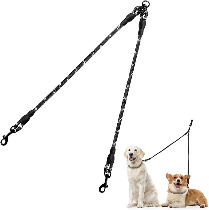 Taglory Double Dog Leash Coupler for Two Dogs, 1/3" Lightweight Dual Leash Extension for Small and Medium Dogs, No Tangle 360° Swivel, Reflective Rope, 30 Inch, Black