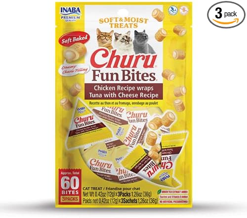 INABA Churu Fun Bites for Cats, Soft & Chewy Baked Chicken Wrapped Filled Cat Treats with Taurine, 0.42 Ounces Each Tetra, 3 Tetras, Tuna with Cheese Recipe
