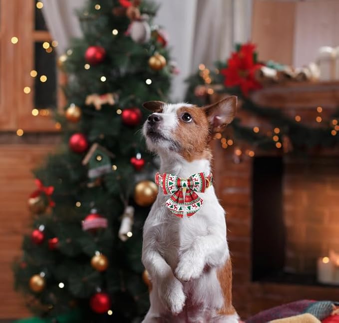 Unique Style Paws Christmas Day Dog Collar with Bowtie Christmas Tree Cotton Puppy Collars for Small Medium Large Dogs