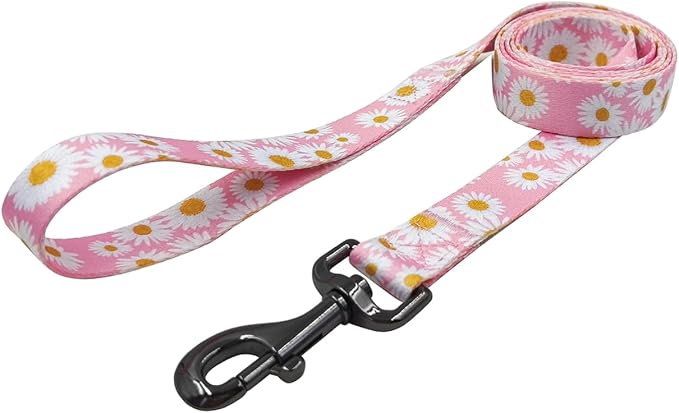 Dog Collar Leash Set, Floral Pattern, Polyester Material, Adjustable Collar and 5ft Matchcing Leash, for Small Dogs.(S, Light Pink Daisy)
