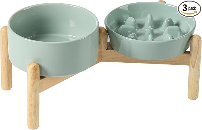 Havniva 6.1” Raised Slow Feeder Dog Bowls Set, 0.9 Cups Ceramic Slow Feeder Dog Bowl and 6.1” Dog Water Bowl with Elevated Wooden Stand Puzzle Dog Food Bowl for Small Dogs Anti-Gulping & Anti-Choking