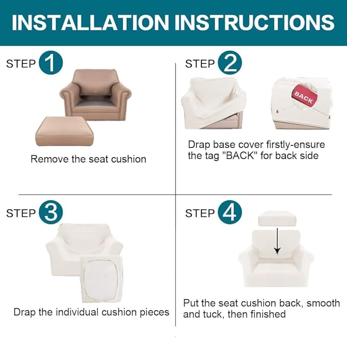 Turquoize 2 Piece Chair Covers Armchair Slipcovers for Living Room Armchair Sofa Cover with Individual Cushion Covers Feature Jacquard Fabric (Chair, Porcelain White)