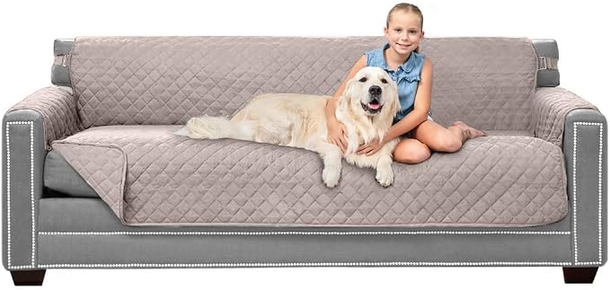 Sofa Shield® Couch Slip Covers for Dogs, Reversible Furniture Protector with Strap, Stain and Tear Resistant Cushion Cover, 78 inch Seat, Machine Washable Slipcover Pets, Cats, Light Taupe