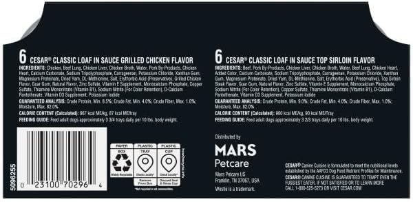 Cesar Classic Loaf in Sauce Adult Wet Dog Food, Grilled Chicken Flavor and Top Sirloin Flavor, 3.5 oz. Easy Peel Trays, Variety Pack (12 Count, Pack of 2)