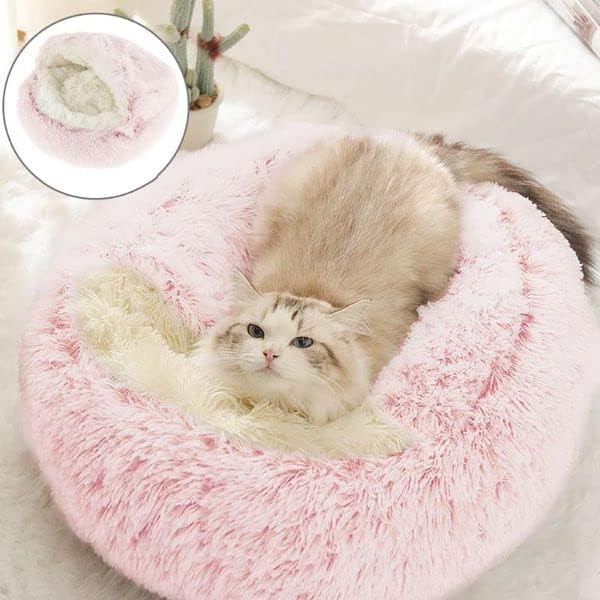 Cat Bed Round Fluffy Hooded Cat Bed Cave, Anti-Anxiety Cave Bed with Hooded Blanket, Cozy Cuddler Luxury Puppy Pet Bed, Anti-Slip Bottom and Machine Washable (Pink, Large)