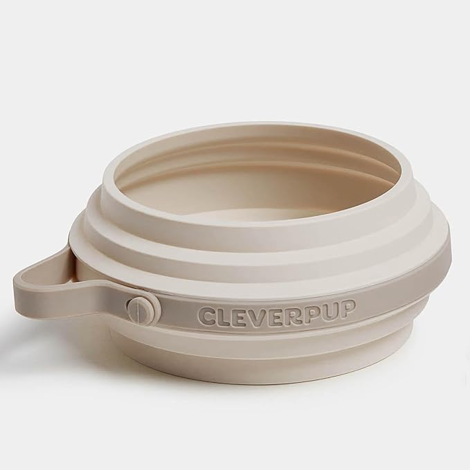Cleverpup Nomad Small Collapsible Travel Dog Bowl - 2 Cup BPA-Free Silicone for Small & Medium Dogs, Portable, Sturdy, Food & Water, Dishwasher Safe - Sand Silicone