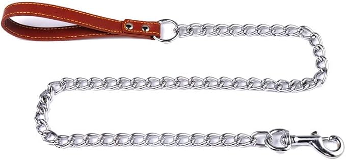 SGODA Chain Dog Leash with Leather Handle 4 Feet Brown