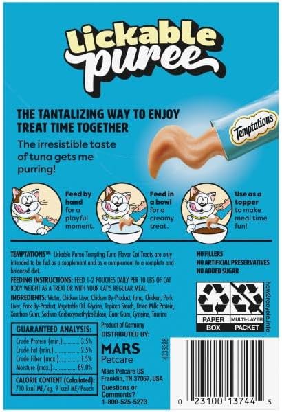 Temptations Creamy Puree Squeezable Lickable Cat Treats, Wet Cat Treats with Tuna, 0.42 oz. Tubes, 4 Count, Pack of 11 (44 Total)