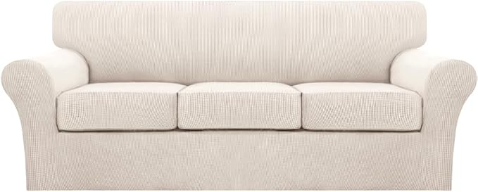 Turquoize 4 Piece Sofa Covers for 3 Cushion Couch Sofa Slipcover Soft Couch Cover for Dogs Washable Furniture Cover with 3 Individual Large Cushion Covers Feature Fabric (Large Sofa, Ivory)