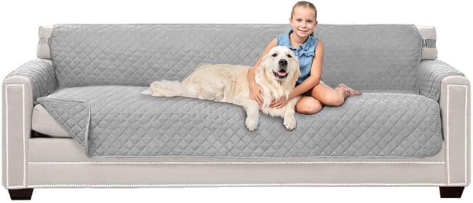 Sofa Shield® Couch Slip Covers for Dogs, Reversible Furniture Protector with Strap, Stain and Tear Resistant Cushion Cover, 88 inch Seat, Machine Washable Slipcover Pets, Cats, Light Gray