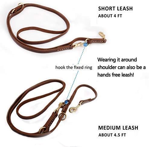 Multi Function 8ft Leather Dog Leash, Genuine Leather Leash Hands Free Dog Training Leashes for Medium and Large Dogs (8 Foot*5/8 inch, Brown)