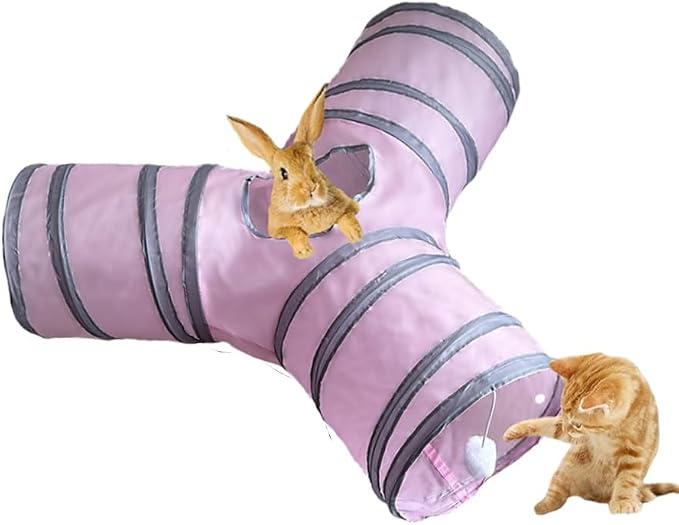 3-Way Collapsible Cat Tunnel Tube Toy Pink — Interactive Play Tunnel with Hanging Ball & Peek Hole for Indoor Cats, Kittens, Puppies & Rabbits | Hours of Fun & Exercise