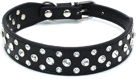 Rhinestone Dog Collar, Bling Rhinestone PU Leather Crystal Diamond Pet Dog Cat Puppy Collar Black S M L XL (XS, Black)