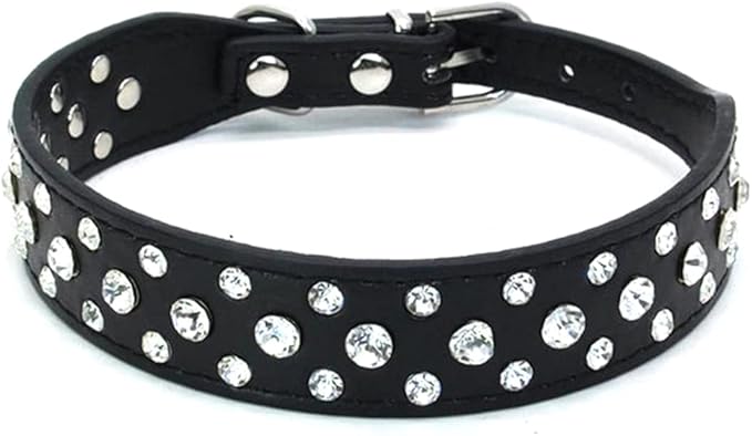 Rhinestone Dog Collar, Bling Rhinestone PU Leather Crystal Diamond Pet Dog Cat Puppy Collar Black S M L XL (M, Black)