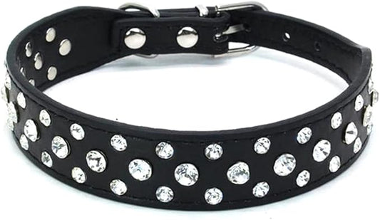 Rhinestone Dog Collar, Bling Rhinestone PU Leather Crystal Diamond Pet Dog Cat Puppy Collar Black S M L XL (M, Black)