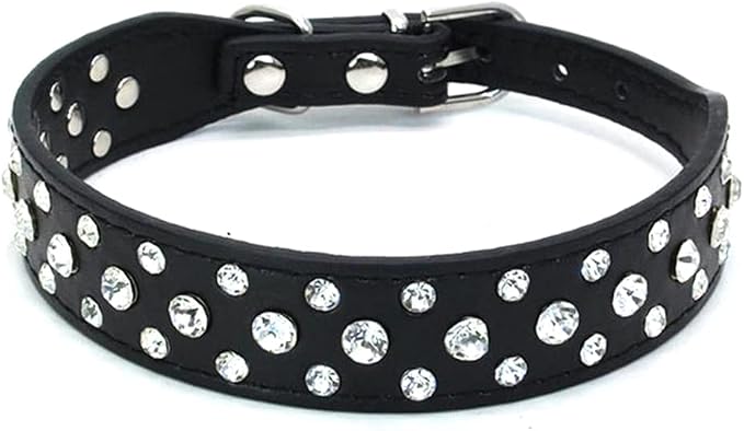 Rhinestone Dog Collar, Bling Rhinestone PU Leather Crystal Diamond Pet Dog Cat Puppy Collar Black S M L XL (S, Black)