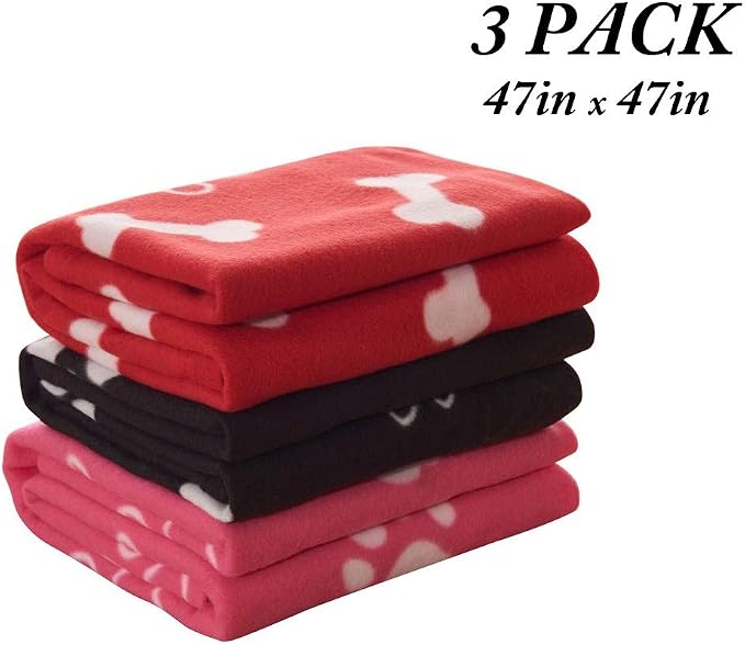 CAI TENG Pet Blanket Dog Blanket Cute Cat Fleece Blankets with Bone and Paw Print Soft Blanket for Kitten Puppy and Other Animals (Pack of 3, 47 x 47 in, Red, Black, Pink)