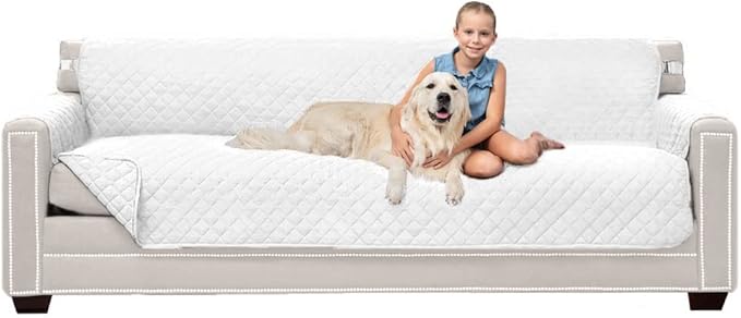 Sofa Shield® Couch Slip Covers for Dogs, Reversible Furniture Protector with Strap, Stain and Tear Resistant Cushion Cover, 88 inch Seat, Machine Washable Slipcovers Dog Pets, Cats, White