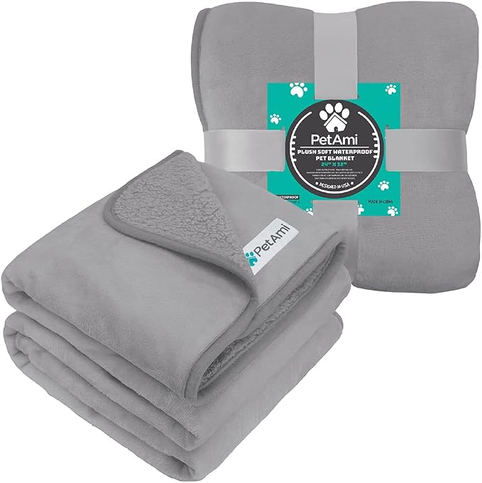 PETAMI Sherpa Fleece Waterproof CAT and Dog Blanket, Light Gray, Small