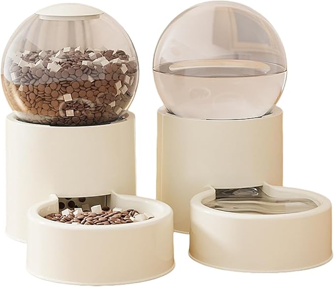 Automatic Pet Feeder and Water Dispenser Set with Pet Food Bowl,Gravity Dog Waterer and Food Feeder for Cats Dogs (Beige)