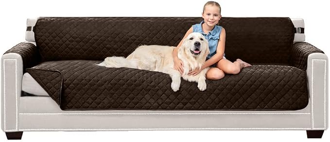 Sofa Shield® Couch Slip Covers for Dogs, Reversible Furniture Protector with Strap, Stain and Tear Resistant Cushion Cover, 88 inch Seat, Machine Washable Slipcover Dog Pets Cats, Chocolate