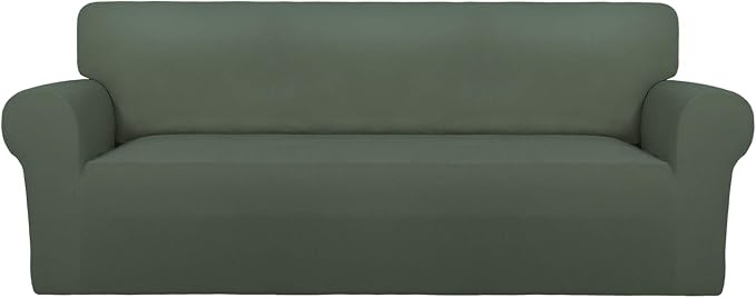 PureFit Super Stretch Sofa Slipcover – Spandex Non Slip Soft Couch Sofa Cover, Washable Furniture Protector with Non Skid Foam and Elastic Bottom for Kids, Pets （Sofa, Grayish Green）