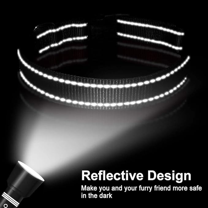FunTags Length 16" - 24" Reflective Black Dog Collar for Large Dogs – Night Walking & Training Safety, Durable Quick Release Buckle, Nylon, Comfortable Adjustable, Width 1"